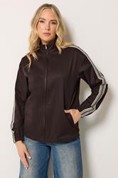 LTS Tall Women's Chocolate Brown Side Stripe Cotton Funnel Neck Jacket | Long Tall Sally 1