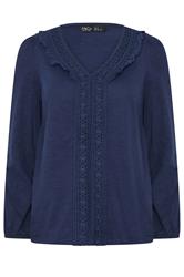 M&Co Petite Navy Blue Frill Cotton Blouse