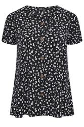 YOURS Plus Size Black & White Ditsy Floral Ribbed T-Shirt | Yours Clothing 5