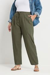 YOURS Plus Size Olive Green Barrel Leg Linen Trousers | Yours Clothing 3
