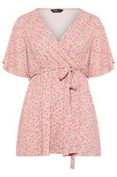 YOURS Curve Pink Floral Textured Wrap Top