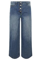 PixieGirl Petite Women's Mid Blue Button Front Wide Leg Jeans | PixieGirl 6