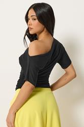 PixieGirl Petite Women's Black Slash Neck Ruched T-Shirt | PixieGirl  2