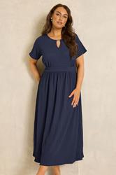 EVANS Plus Size Navy Blue Keyhole Textured Maxi Dress | Evans 1