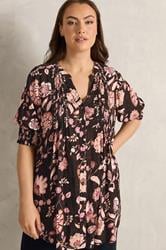 EVANS Plus Size Black Floral Pintuck Tie Neck Blouse | Evans 3