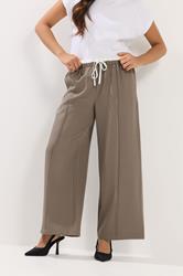 PixieGirl Petite Women's Natural Brown Contrast Waist Wide Leg Trousers | PixieGirl 2
