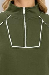 LTS Tall Women's Khaki Green Pipe Detail Quarter Zip Sweatshirt | Long Tall Sally 4