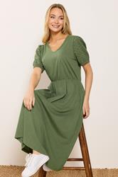 M&Co Khaki Green Broderie Sleeve Cotton Midi Dress | M&Co 1