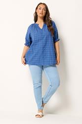 YOURS Plus Size Blue Dobby Frill Neck Top | Yours Clothing 1