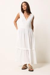 PixieGirl Petite Women's White Ruffle Tie Back Midi Dress | PixieGirl 3