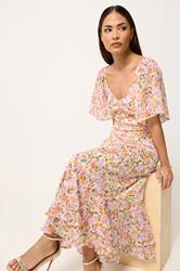 PixieGirl Petite Women's Pink Floral Chiffon Midi Dress | PixieGirl 2