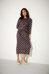PixieGirl Petite Women's Chocolate Brown Polka Dot Twist Front Midi Dress | PixieGirl 3