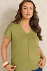 EVANS Plus Size Olive Green V-Neck Knitted Top | Evans 3