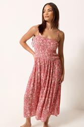 PixieGirl Petite Women's Red Floral Shirred Linen Midi Dress | PixieGirl 3