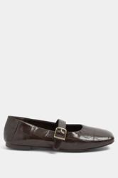Chocolate Brown Croc Buckle Detail Mary Jane Flats In Wide E Fit | Yours Clothing 2