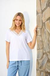 M&Co White Lace Trim V-Neck Cotton T-Shirt | M&Co 3