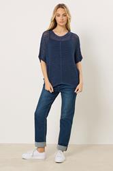 M&Co Navy Blue Crochet Short Sleeve Jumper | M&Co  1
