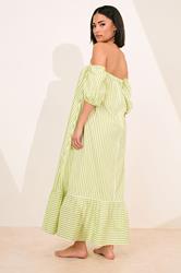 PixieGirl Petite Women's Lime Green Stripe Bardot Cotton Maxi Dress | PixieGirl 5