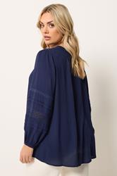 YOURS Curve Navy Blue Notch Neck Crochet Blouse | Yours Clothing  2