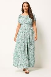 YOURS Plus Size Green Floral Bardot Maxi Dress | Yours Clothing 1