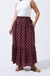 LIMITED COLLECITON Plus Size Burgundy Red Polka Dot Tiered Maxi Skirt | Yours Clothing 1