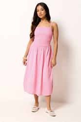 PixieGirl Petite Women's Pink Cotton Cheesecloth Midi Dress | PixieGirl 1