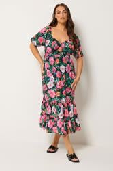 YOURS Plus Size Black Floral Milkmaid Midi Dress | Yours Clothing 2
