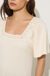 PixieGirl Petite Women's Ivory White Crochet Trim Flutter Sleeve Cotton T-Shirt | PixieGirl 4
