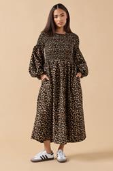 PixieGirl Petite Women's Brown Animal Shirred Puff Sleeve Maxi Dress | PixieGirl 3