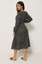 M&Co Petite Black Floral Long Sleeve Ruffle Dress | M&Co 2