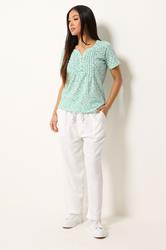 M&Co Petite White & Green Leaf Print Cotton Henley Top | M&Co 1