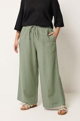 YOURS Plus Size Khaki Green Crochet Detail Linen Trousers | Yours Clothing 3