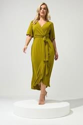 YOURS LONDON Plus Size Chartreuse Green Short Sleeve Ruffle Wrap Maxi Dress | Yours Clothing 1