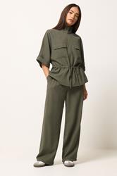 PixieGirl Petite Women's Khaki Green Funnel Neck Shacket | PixieGirl 1