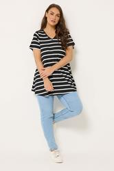 Yours Plus Size Black V-Neckline Stripe T-Shirt | Yours Clothing 1