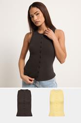 PixieGirl Petite 2 PACK Women's Chocolate Brown & Yellow Ribbed Cotton Vest Top | PixieGirl 1