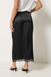 PixieGirl Petite Women's Black Lace Hem Satin Maxi Skirt | PixieGirl 4