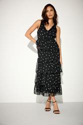 PixieGirl Petite Women's Black Polka Dot Chiffon Midi Dress | PixieGirl 3