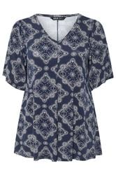 YOURS Plus Size Navy Blue Paisley Print Pleat Front Angel Sleeve Top 5