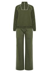 LTS Tall Women's Khaki Green Cotton Pipe Quarter Zip Sweatshirt & Wide Leg Trousers Set 10