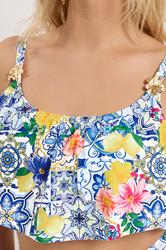 YOURS Plus Size Blue Mediterranean Tile Frill Bikini Top | Yours Clothing 5