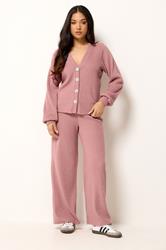 PixieGirl Petite Women's Pink Marl Ribbed Soft Touch Wide Leg Trousers | PixieGirl 3