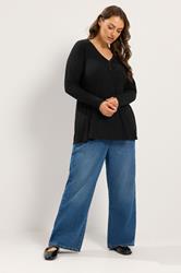 YOURS Plus Size Black Henley Ribbed Swing Top | Yours Clothing 1