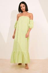 PixieGirl Petite Women's Lime Green Stripe Bardot Cotton Maxi Dress | PixieGirl 4