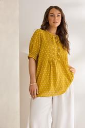 EVANS Plus Size Yellow Dobby Tie Neck Blouse | Evans 3