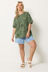 YOURS Plus Size Green Summer Print Boxy T-Shirt | Yours Clothing 1