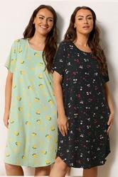 YOURSET Plus Size 2 PACK Black Lemon & Cherry Soft Touch Nightdresses | Yours Clothing 1