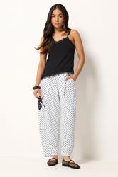 PixieGirl Petite Women's White Polka Dot Crinkle Barrel Leg Trousers | PixieGirl 2