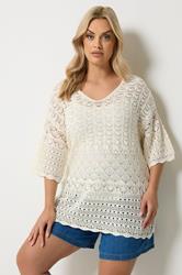 YOURS Plus Size Ivory White Crochet Crew Neck Top | Yours Clothing 3