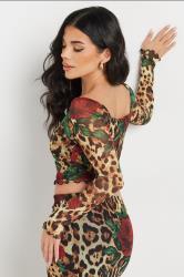 PixieGirl Petite Women's Beige Brown Leopard Print Rose Mesh Top | PixieGirl 2